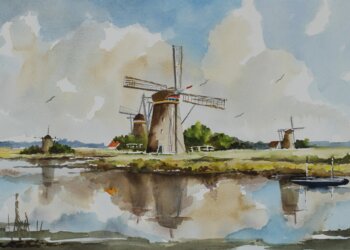 Foto Molens Kinderdijk in aquarel